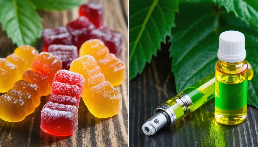 Comparative display of CBD gummies next to a vape pen to illustrate usage differences