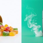 A vibrant assortment of colorful CBD gummies spilling from a package on the left contrasted with a sleek vape pen emitting vapor on the right, visually depicting the differences between CBD consumption methods.