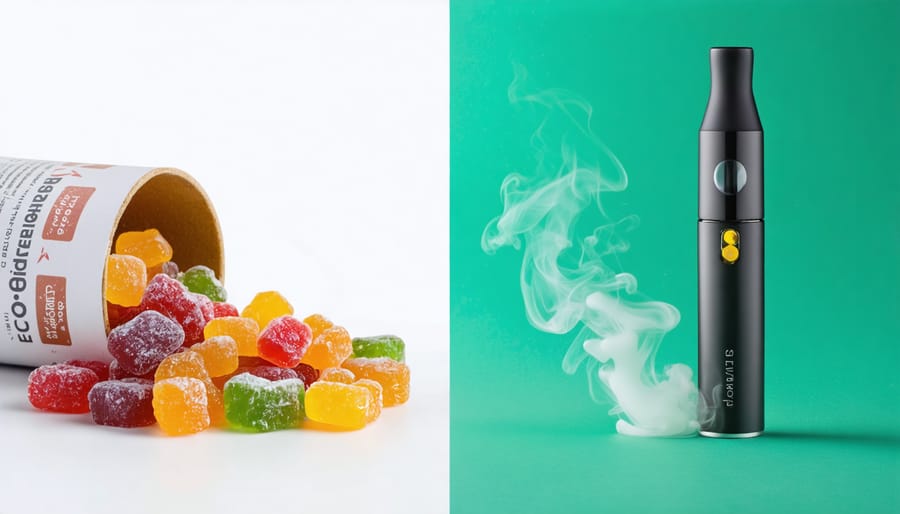 A vibrant assortment of colorful CBD gummies spilling from a package on the left contrasted with a sleek vape pen emitting vapor on the right, visually depicting the differences between CBD consumption methods.