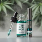 Close-up of hemp CBD vape e-liquid bottle with dropper and vape cartridge, with blurred hemp leaves and gentle vapor in the background.