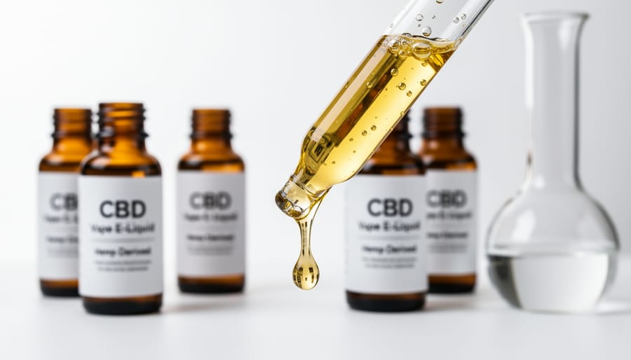 Macro close-up of hemp-derived CBD e-liquid in glass vials with gloved hands