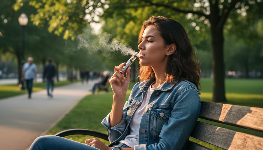 Person vaping outdoors at golden hour with subtle vapor in the air