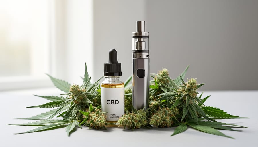 Vape device and hemp-derived CBD e-liquid bottles with hemp leaves and seeds on a wooden surface