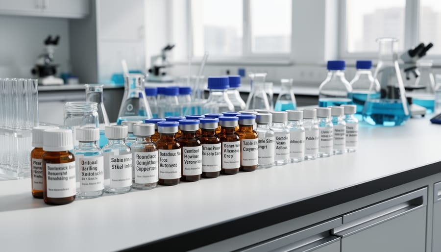 Glass laboratory vials and sealed sample tubes with gloves and a lab notebook on a stainless-steel bench