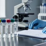 “Glass laboratory vials and sealed sample tubes on a stainless-steel bench beside a lab notebook, with nitrile-gloved hands present in a controlled research setting.”
