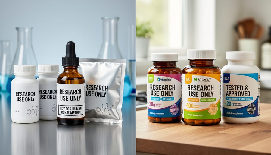 Assorted unlabeled product containers on separate store shelves in a retail setting
